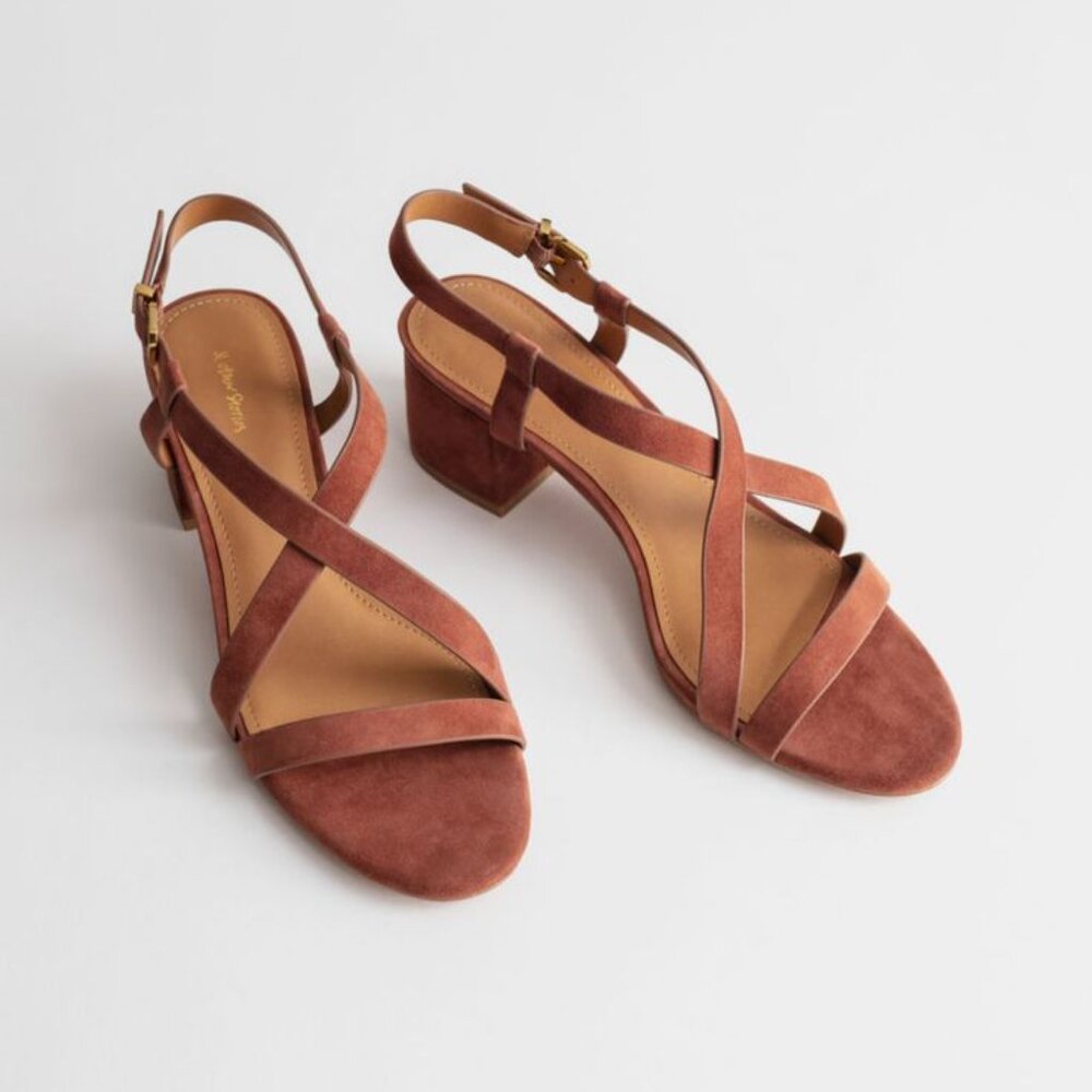 & OTHER STORIES SUEDE CRISS CROSS HEELED SANDALS RUSTIC BROWN (SIZE 7.5/38)